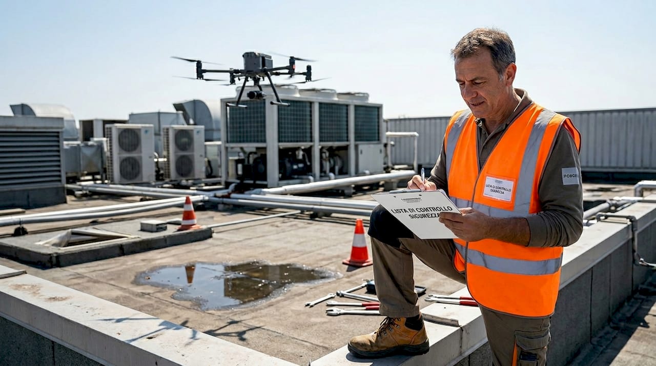 Un responsabile sta controllando la sicurezza dei droni sul tetto di uno stabilimento industriale.