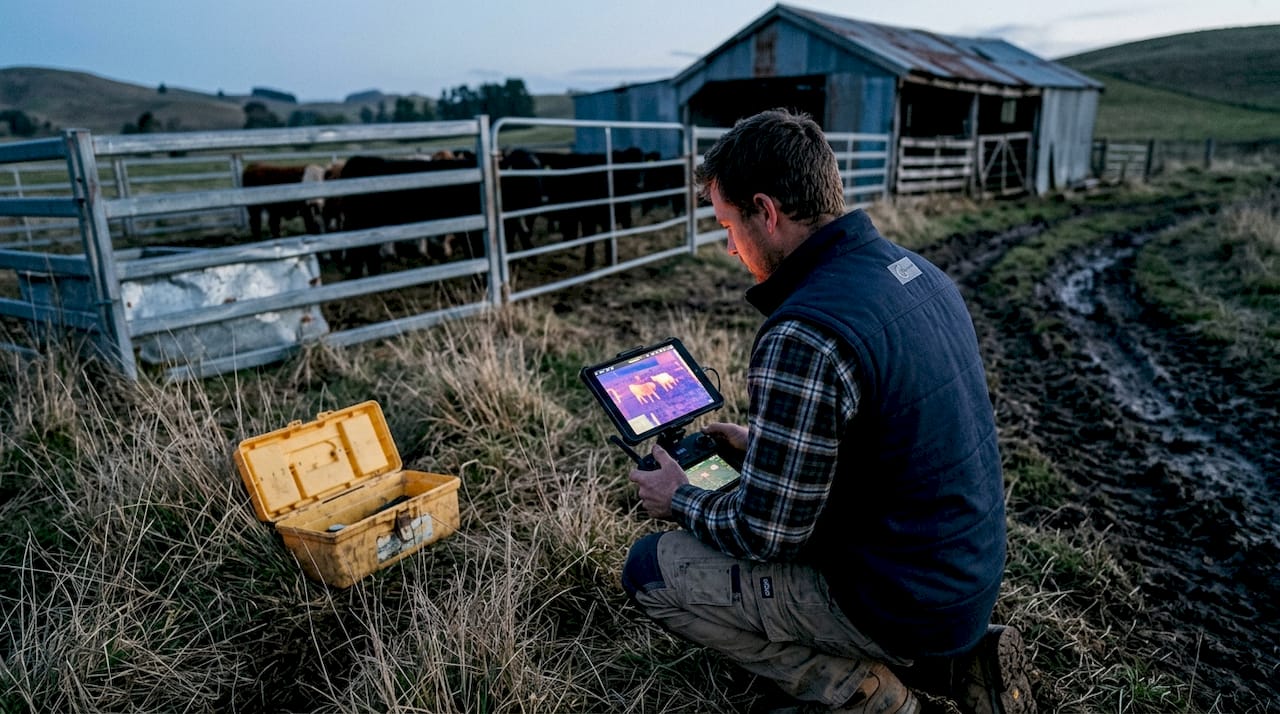 Un tecnico controlla la termocamera del drone per monitorare il bestiame.