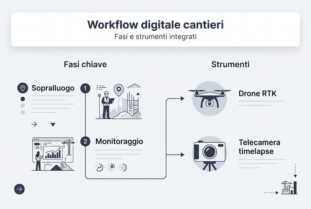 Infografica sul flusso operativo per il monitoraggio digitale dei cantieri
