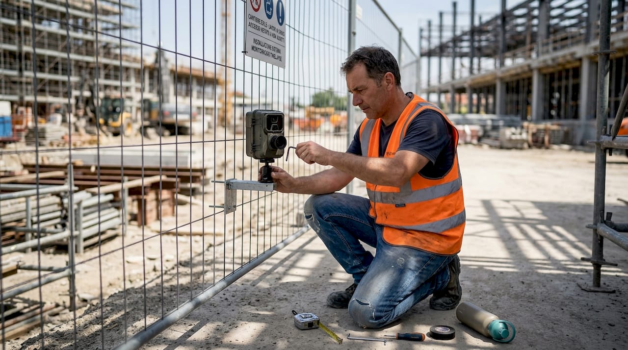 Un tecnico sta montando una telecamera per il timelapse sul cantiere.