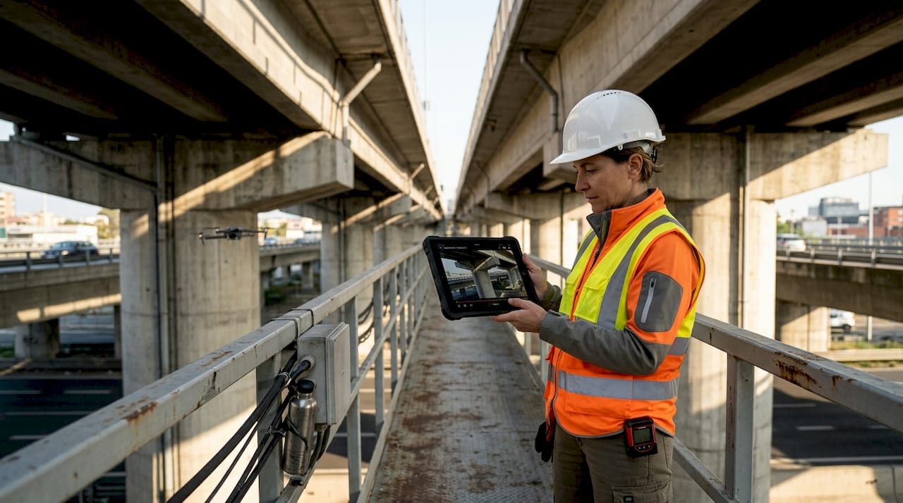 Un tecnico analizza le riprese effettuate dal drone durante l’ispezione del ponte.