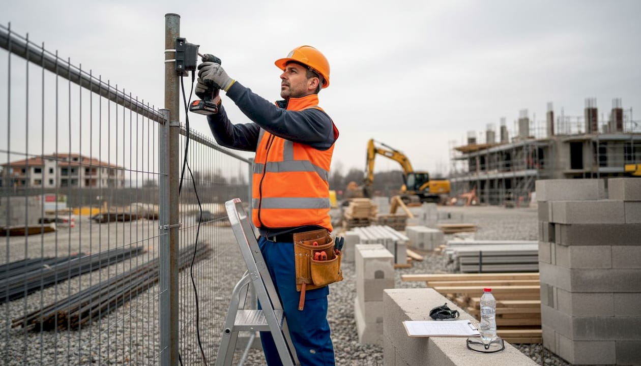 Un tecnico sta installando una telecamera sulla recinzione del cantiere.