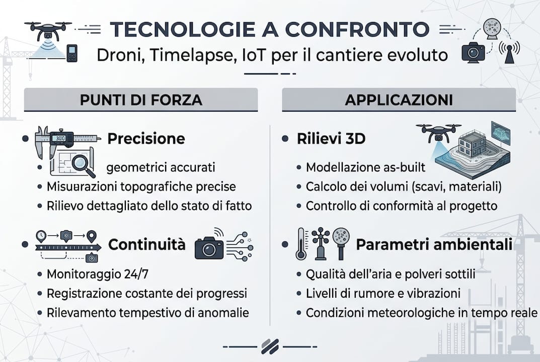 Infografica comparativa: droni, timelapse e soluzioni IoT a confronto