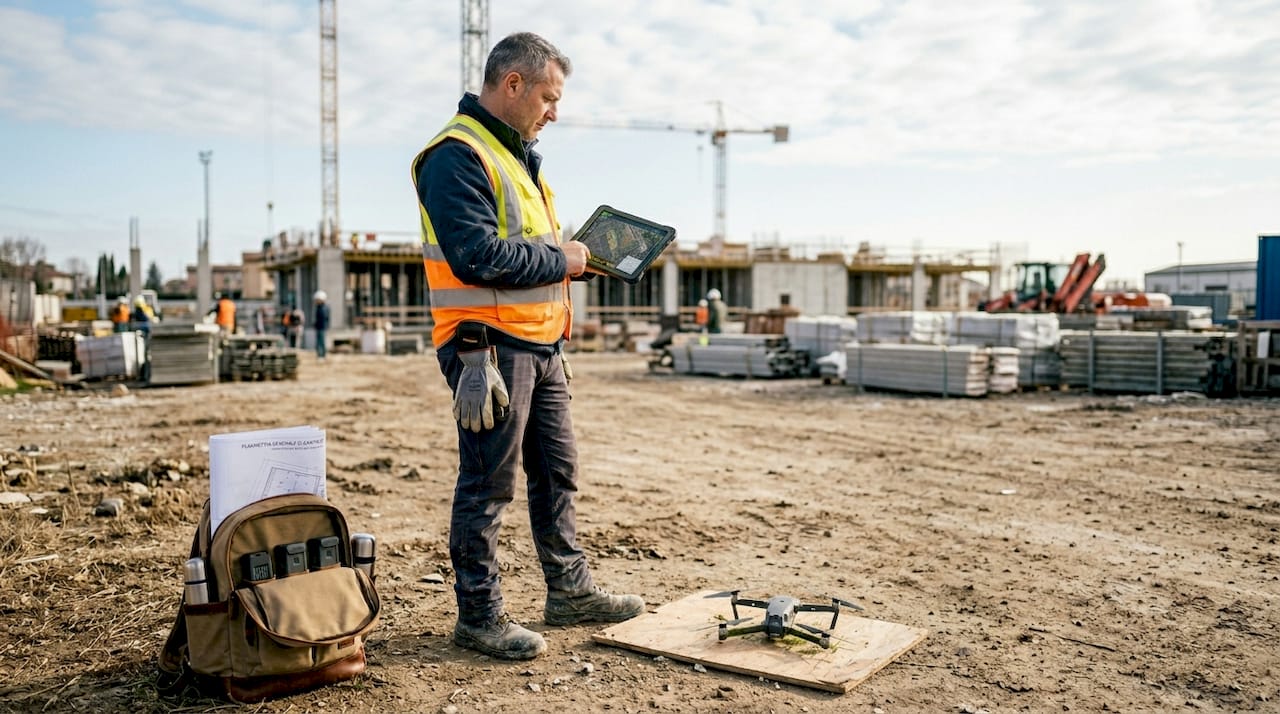 Un ingegnere analizza la mappa generata dal drone direttamente sul cantiere.