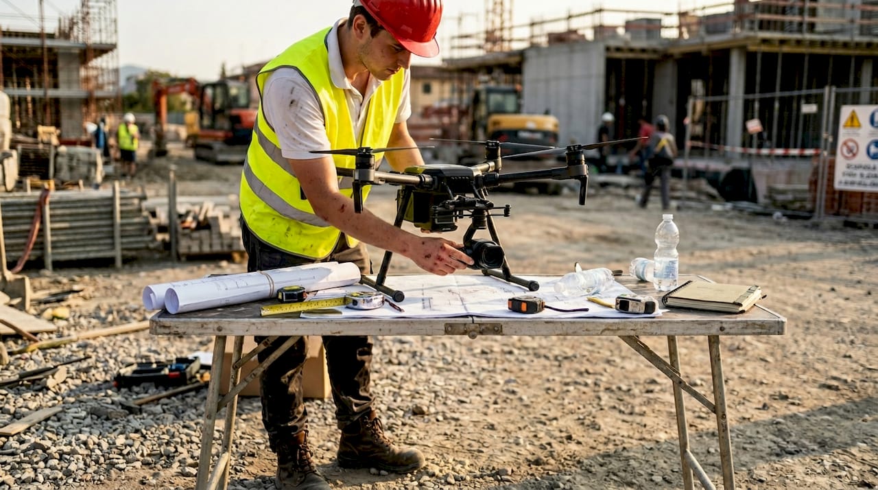 Un ingegnere controlla i sensori di un drone all’interno di un cantiere edile.
