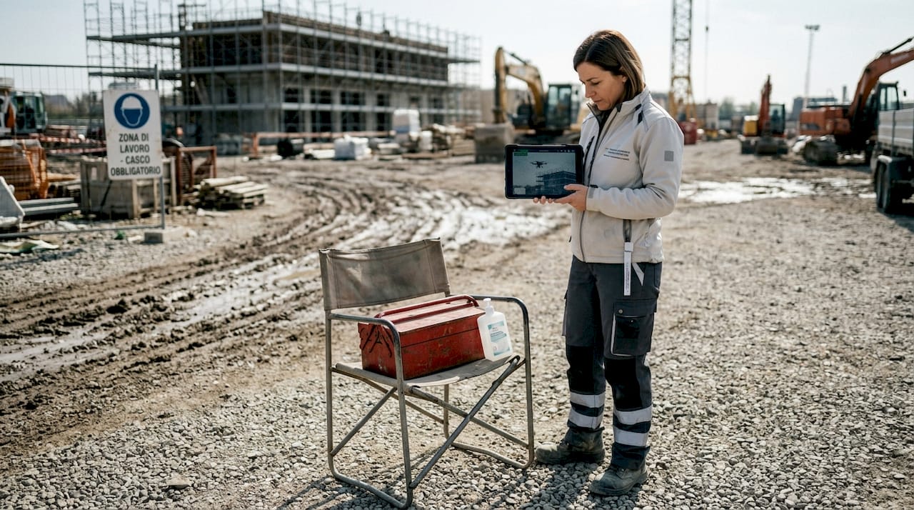 Un ispettore monitora il cantiere tramite drone per garantire la sicurezza sul lavoro.