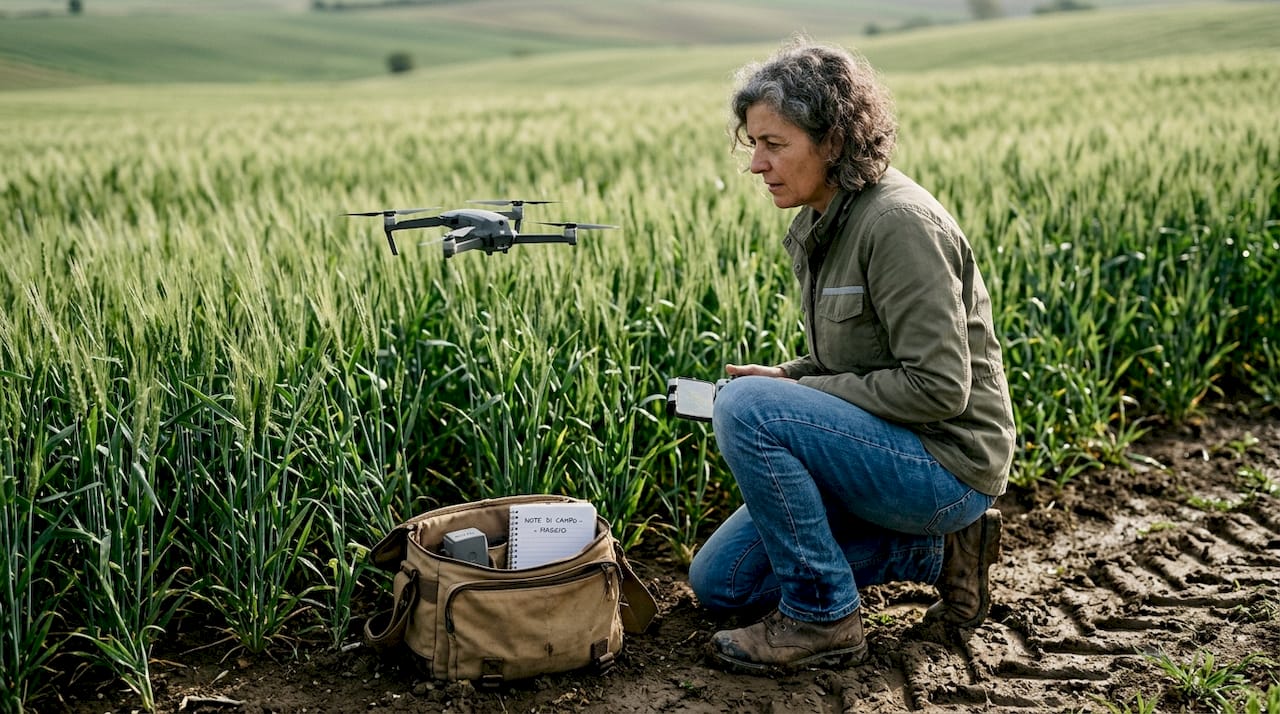 Un agronomo monitora un campo di grano utilizzando un drone per raccogliere dati e analizzare lo stato delle coltivazioni.
