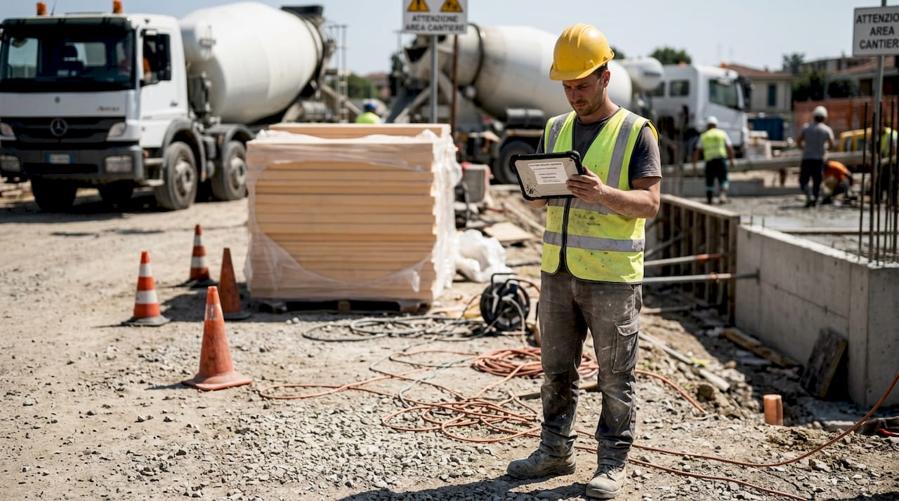 Un operaio edile verifica il corretto funzionamento dei sensori di sicurezza IoT direttamente in cantiere.