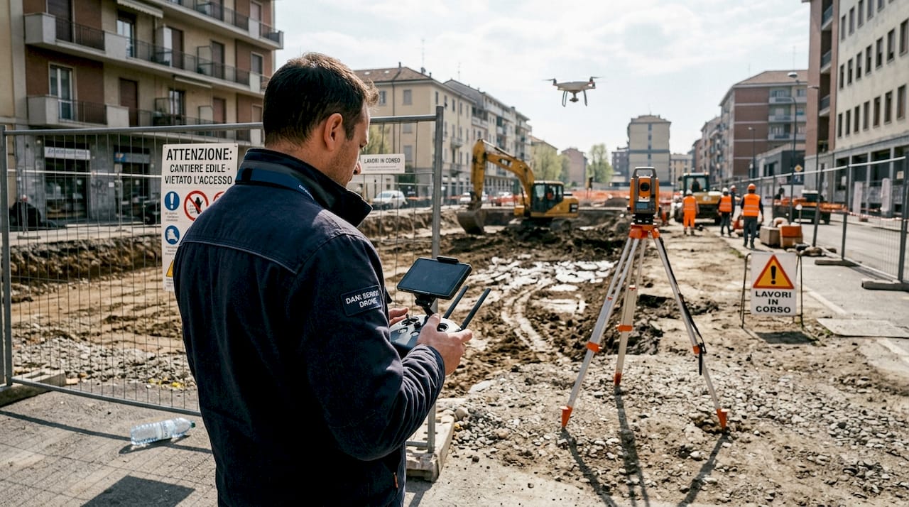 Tecnico specializzato nell’utilizzo di droni per il monitoraggio e la valutazione di cantieri edili in ambito urbano.