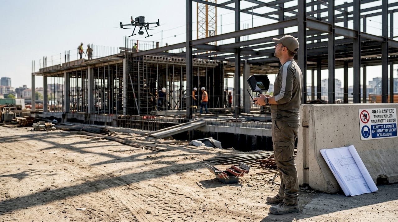 Un operatore di droni monitora l’avanzamento dei lavori in cantiere