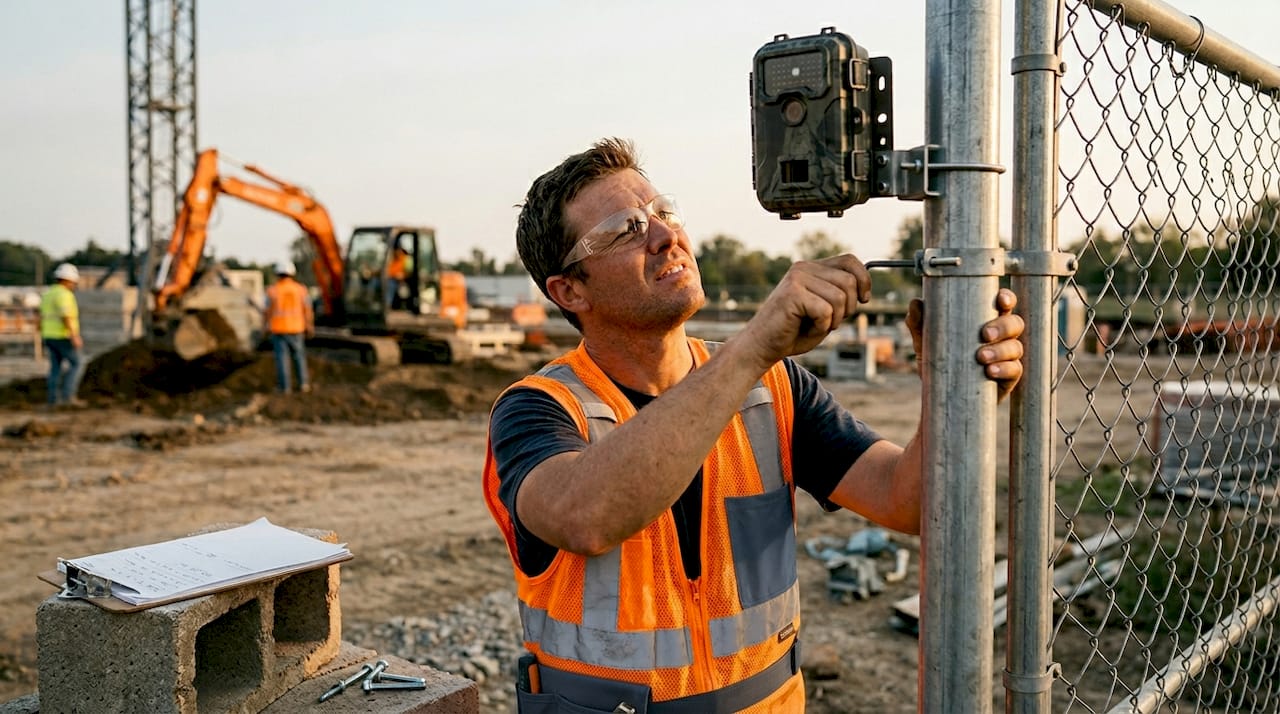 Un tecnico si occupa dell’installazione di una videocamera per il timelapse in cantiere.