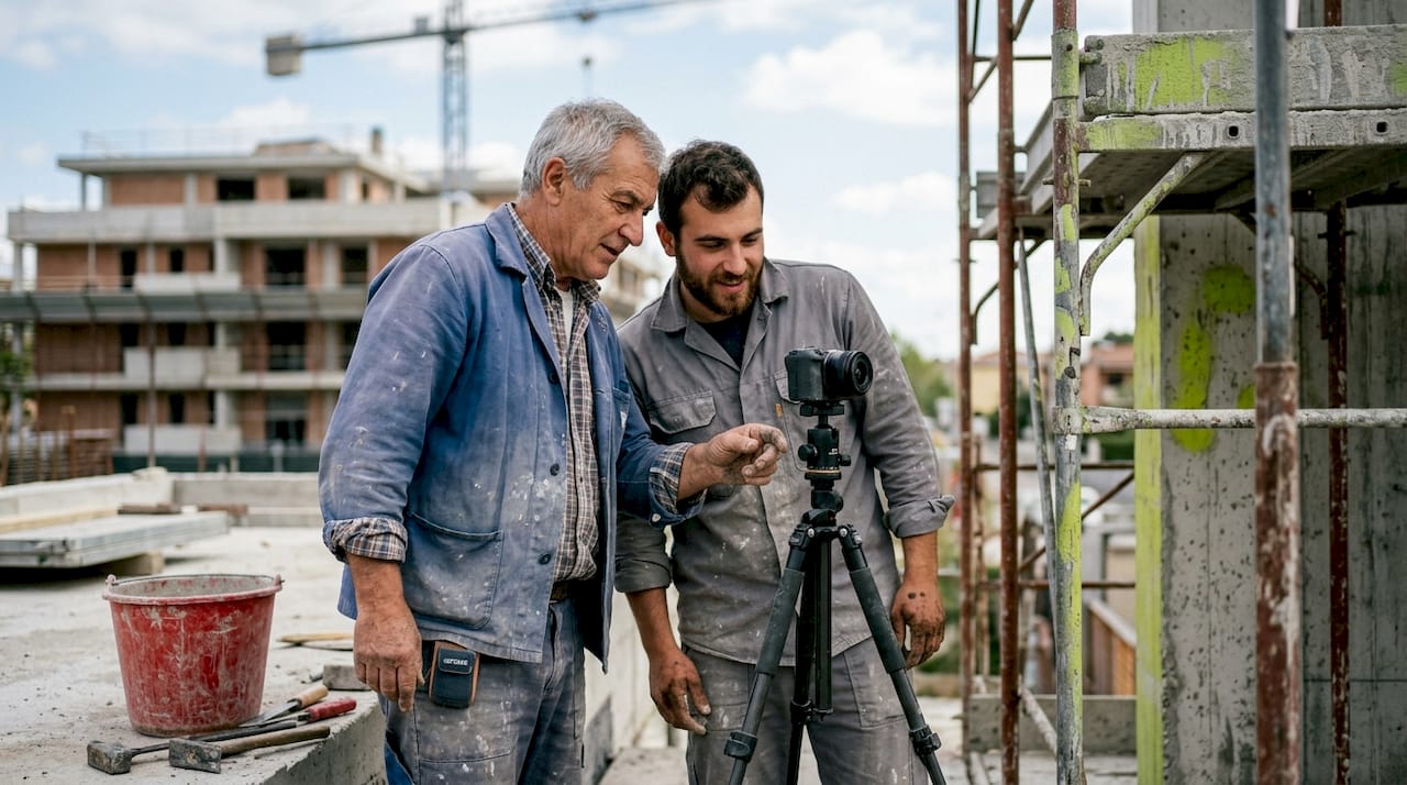 Alcuni operai seguono le riprese in timelapse del cantiere