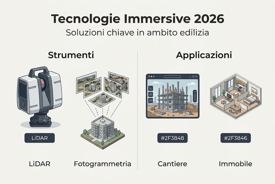 Scopri come le tecnologie immersive stanno rivoluzionando il settore edilizio: un'infografica chiara e dettagliata per capire applicazioni, vantaggi e scenari futuri.