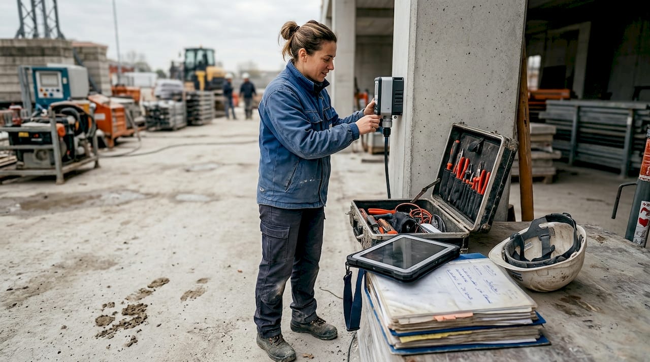 Il tecnico effettua il controllo del sensore IoT direttamente in cantiere.