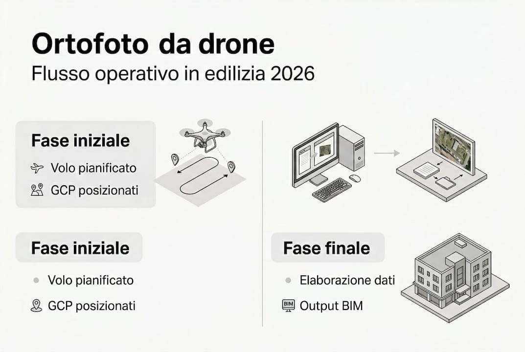 Schema illustrativo del processo di realizzazione di ortofoto architettoniche tramite drone