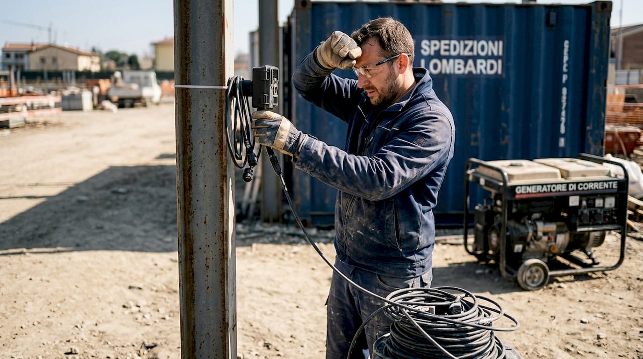 Tecnico al lavoro per installare una videocamera time-lapse in cantiere