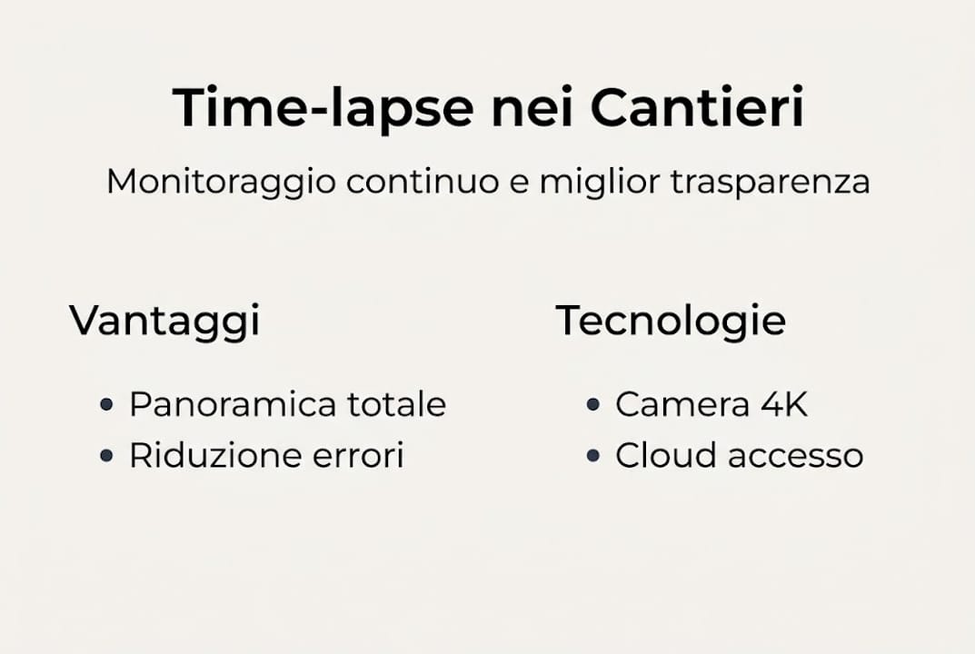 Scopri come il time-lapse nei cantieri rivoluziona il settore: una panoramica sulle tecnologie all’avanguardia e i principali vantaggi di questa soluzione innovativa, raccontati attraverso un’infografica chiara e intuitiva.