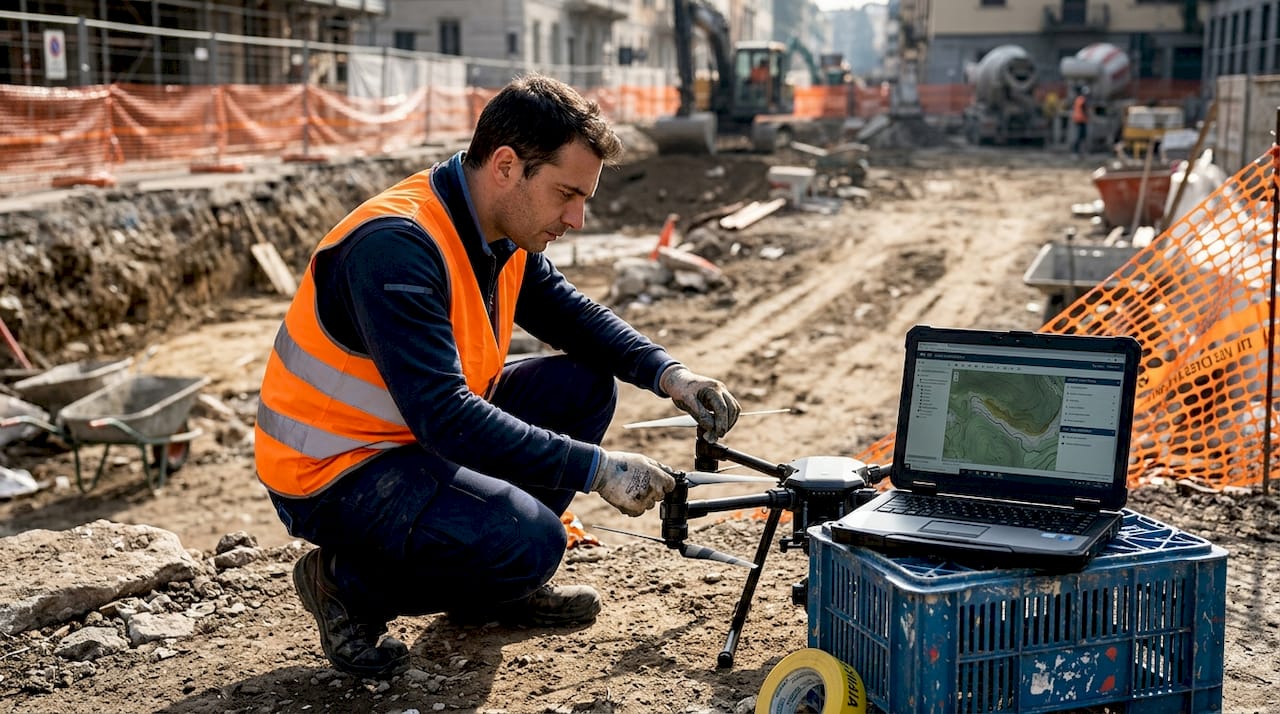 Un tecnico si occupa della preparazione del drone per la mappatura del sito.