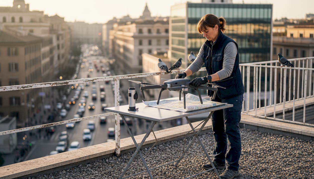 Una tecnica sta allestendo un drone sul tetto di un edificio nel cuore della città.