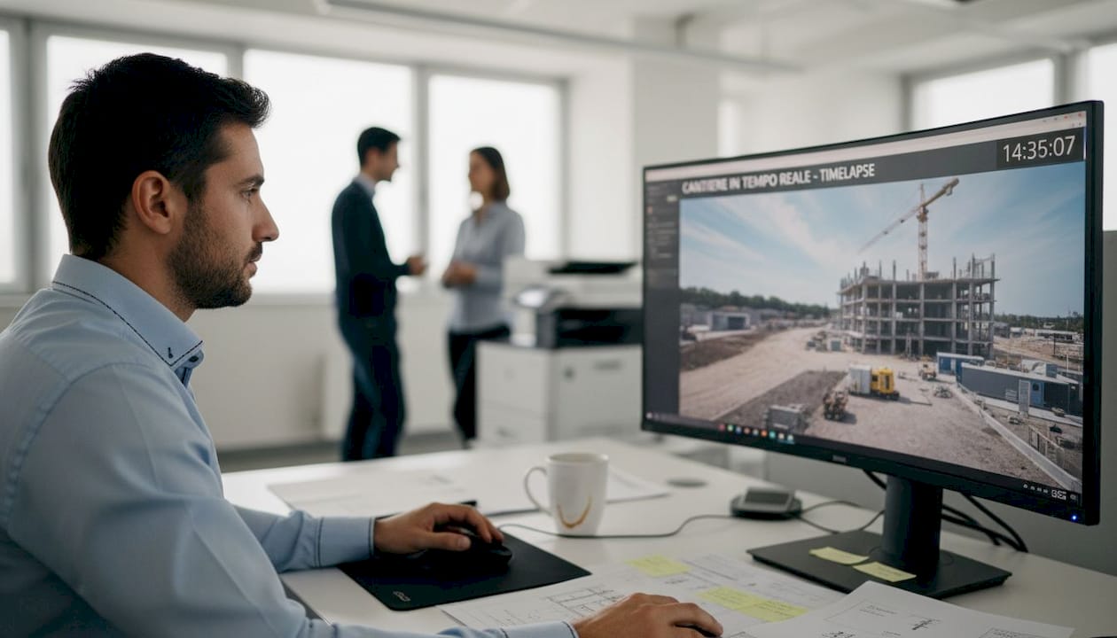 Un tecnico monitora l’avanzamento del cantiere osservando il timelapse direttamente dal monitor in ufficio.