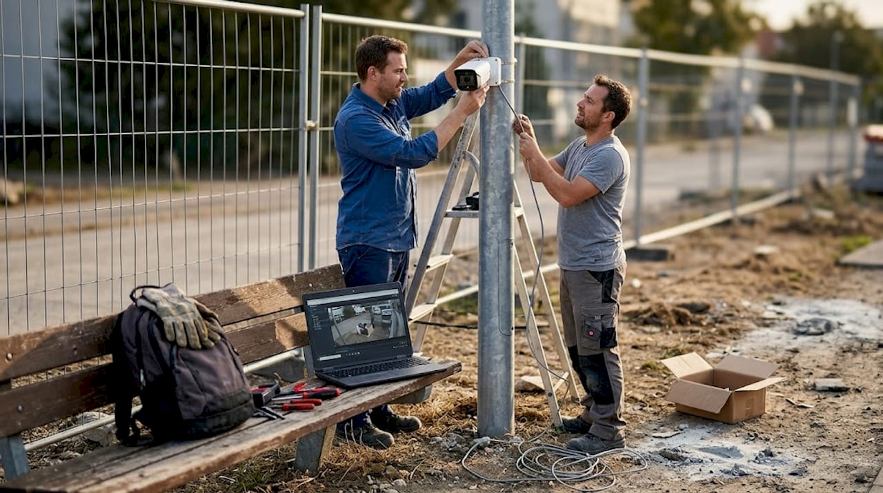 Gli addetti stanno installando una telecamera per la videosorveglianza del cantiere.