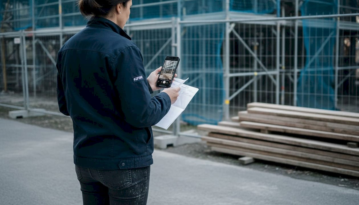 L’ingegnere prende appunti e aggiorna i documenti direttamente dal cellulare mentre si trova in cantiere.