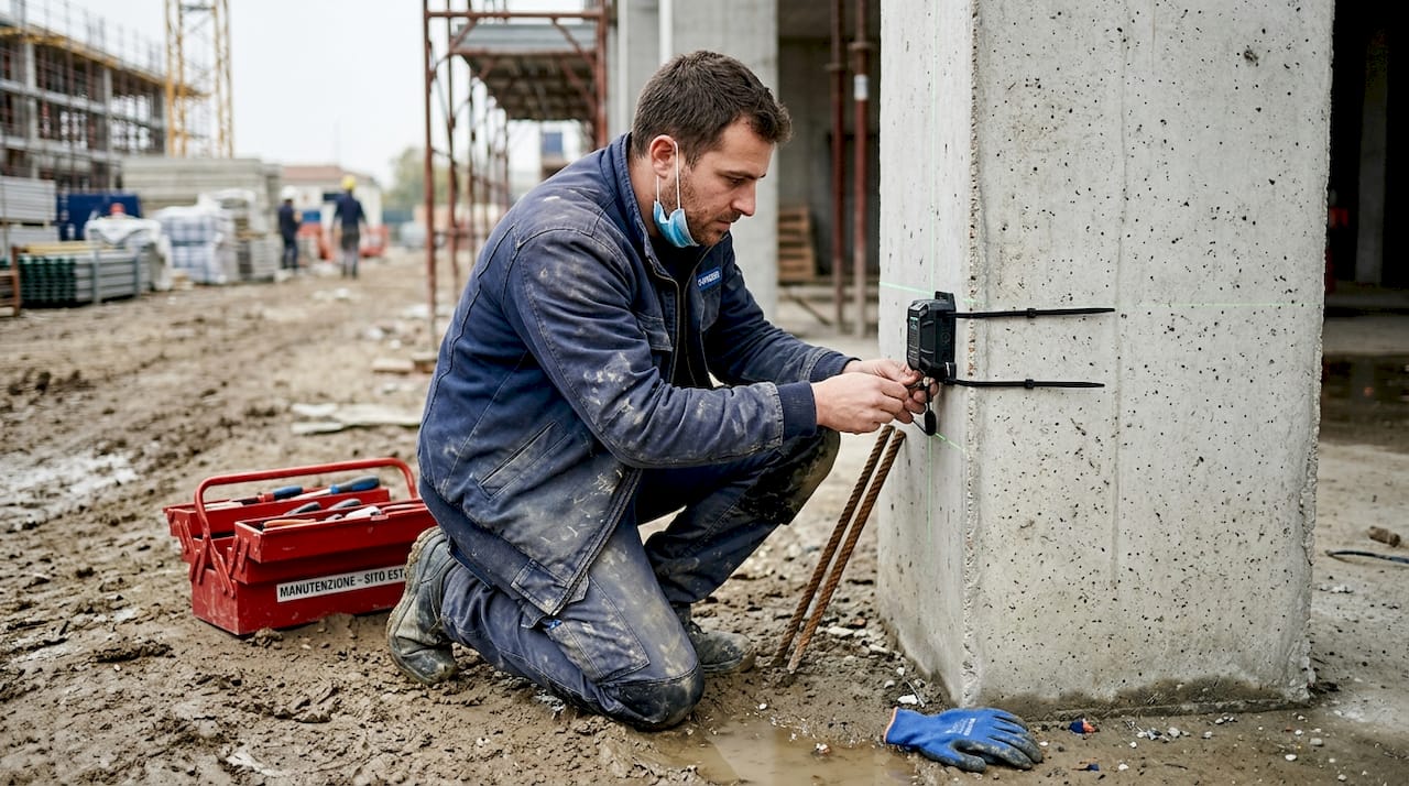 Tecnico che effettua la regolazione di un sensore IoT direttamente sul campo