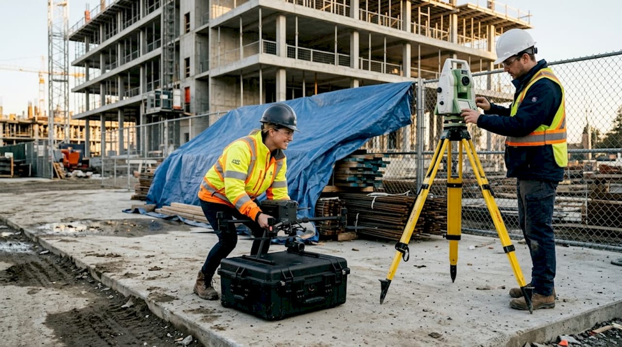Tecnici specializzati nell’utilizzo di droni e laser scanner all’opera in cantiere