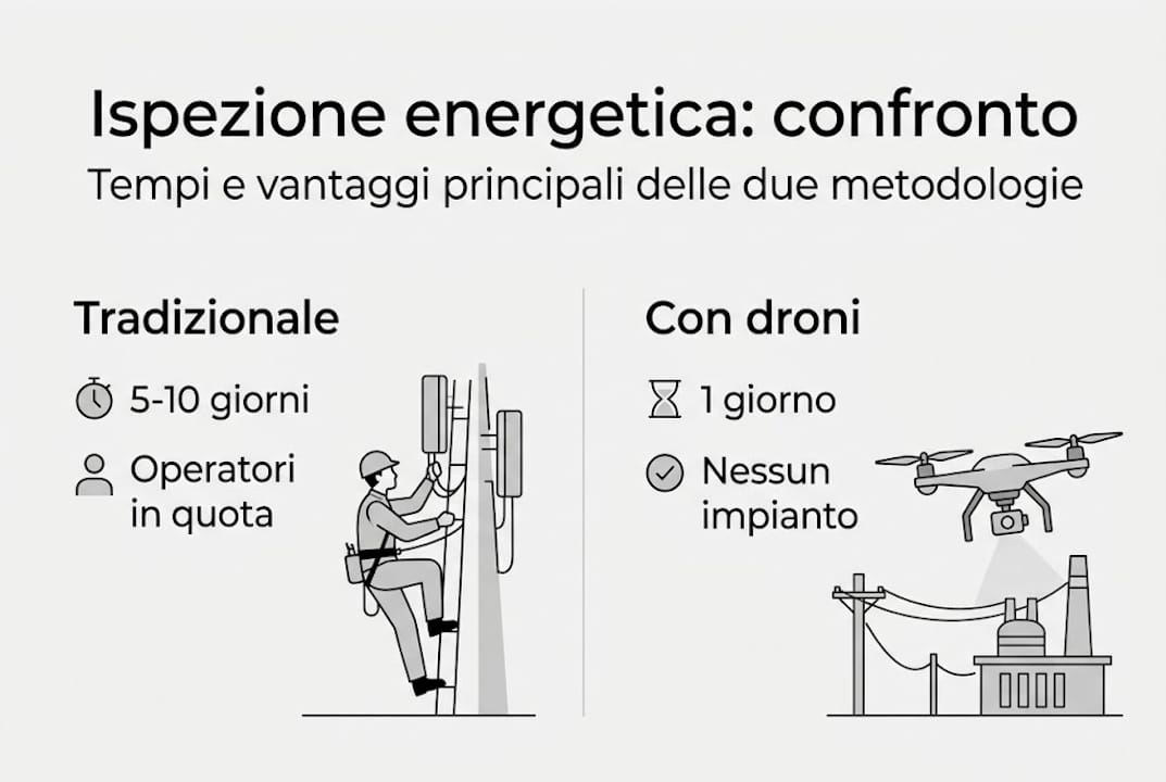 Infografica: confronto tra utilizzo dei droni e metodi tradizionali per le ispezioni energetiche