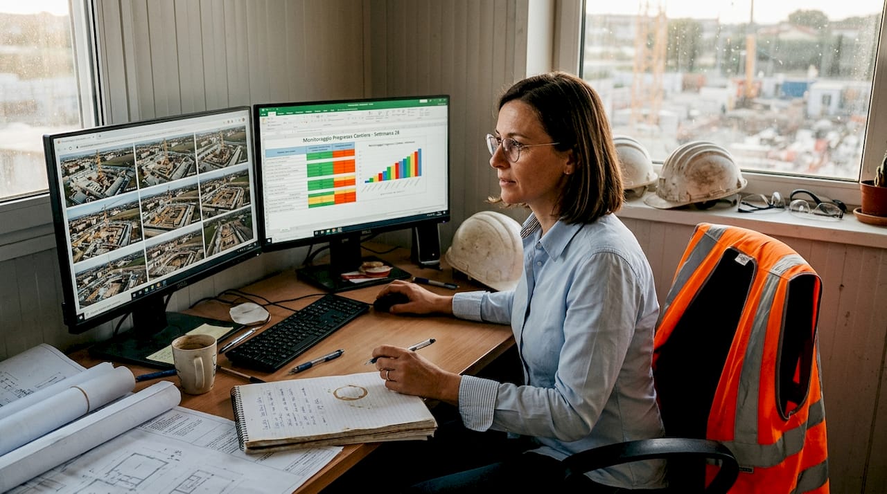 Ingegnere che analizza il video in time-lapse dell’avanzamento dei lavori