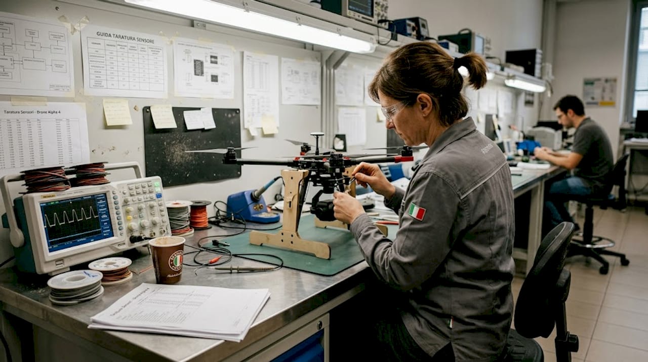 Tecnico di laboratorio impegnato nella taratura dei sensori in fabbrica