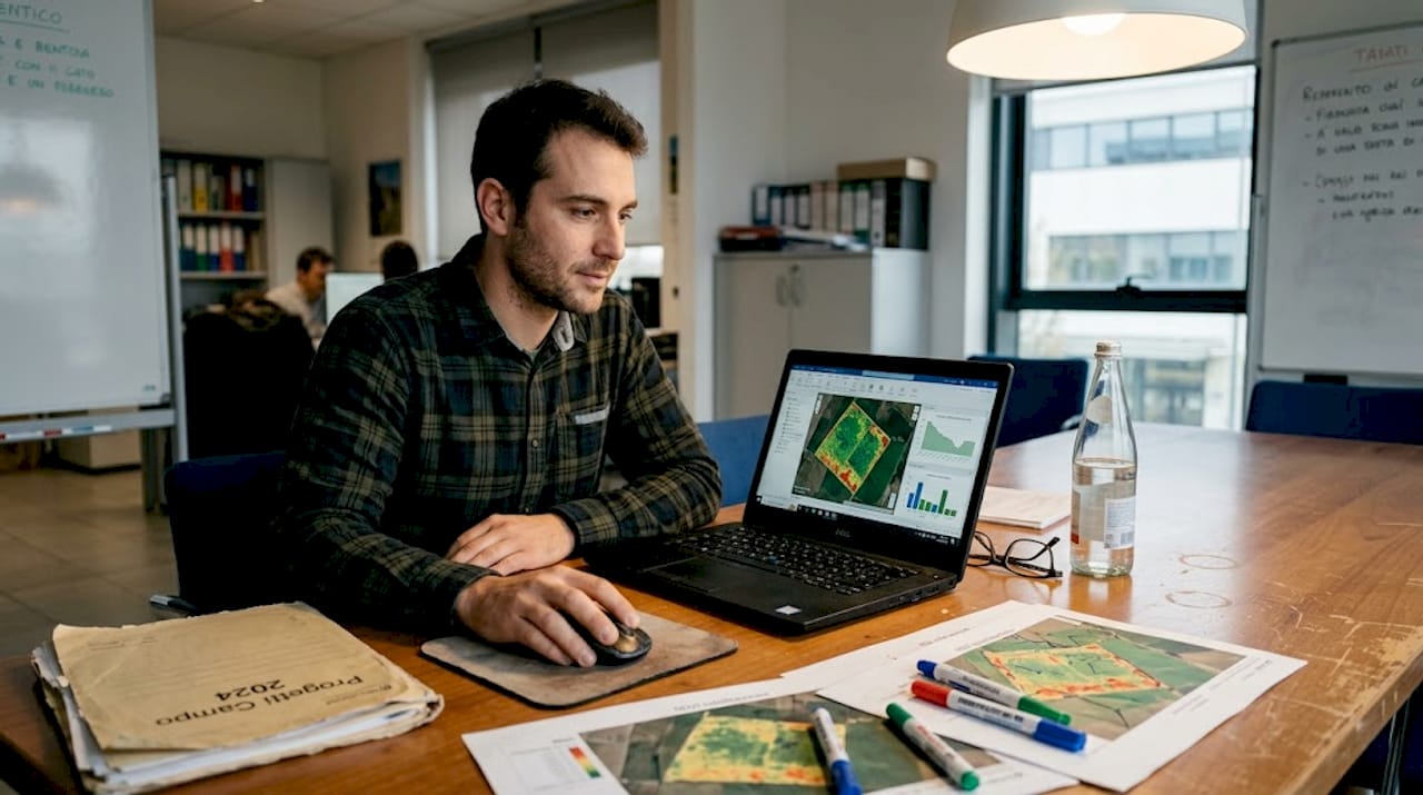 Un agronomo esamina i dati raccolti dalla mappa NDVI per valutare lo stato di salute delle colture.