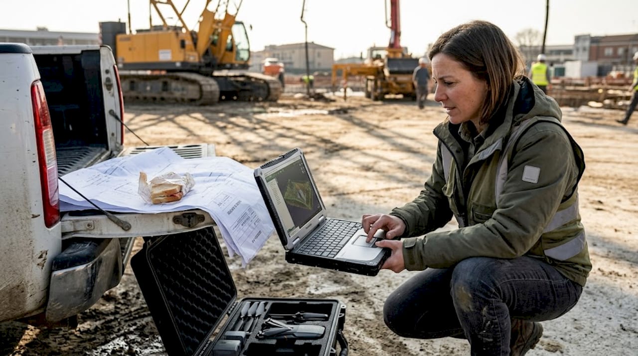 Operatore di droni che analizza le mappe 3D per monitorare l’avanzamento dei lavori in cantiere