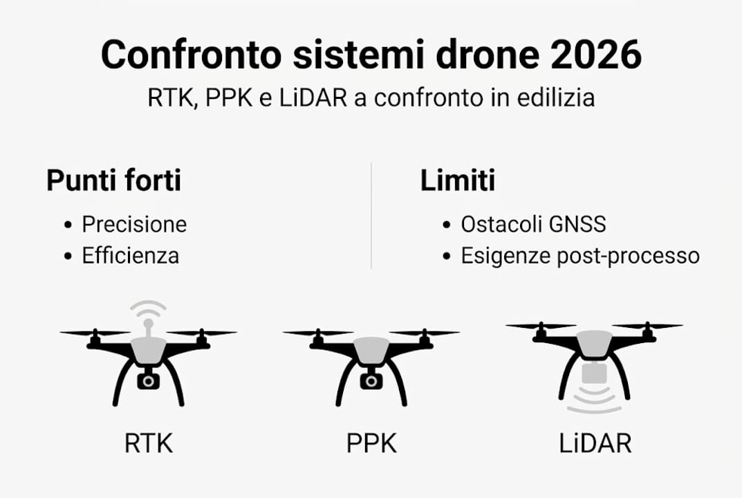 Infografica comparativa tra sistemi drone: RTK, PPK e LiDAR