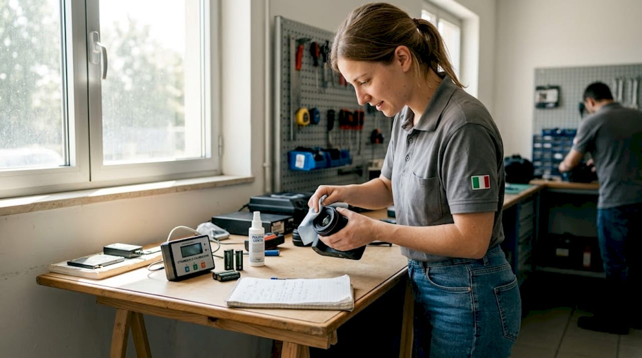Un tecnico si occupa di controllare e pulire l’obiettivo di una termocamera.