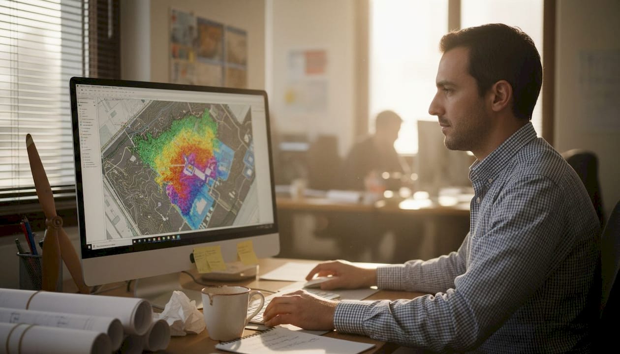 Un ingegnere analizza i dati lidar alla propria scrivania in ufficio.