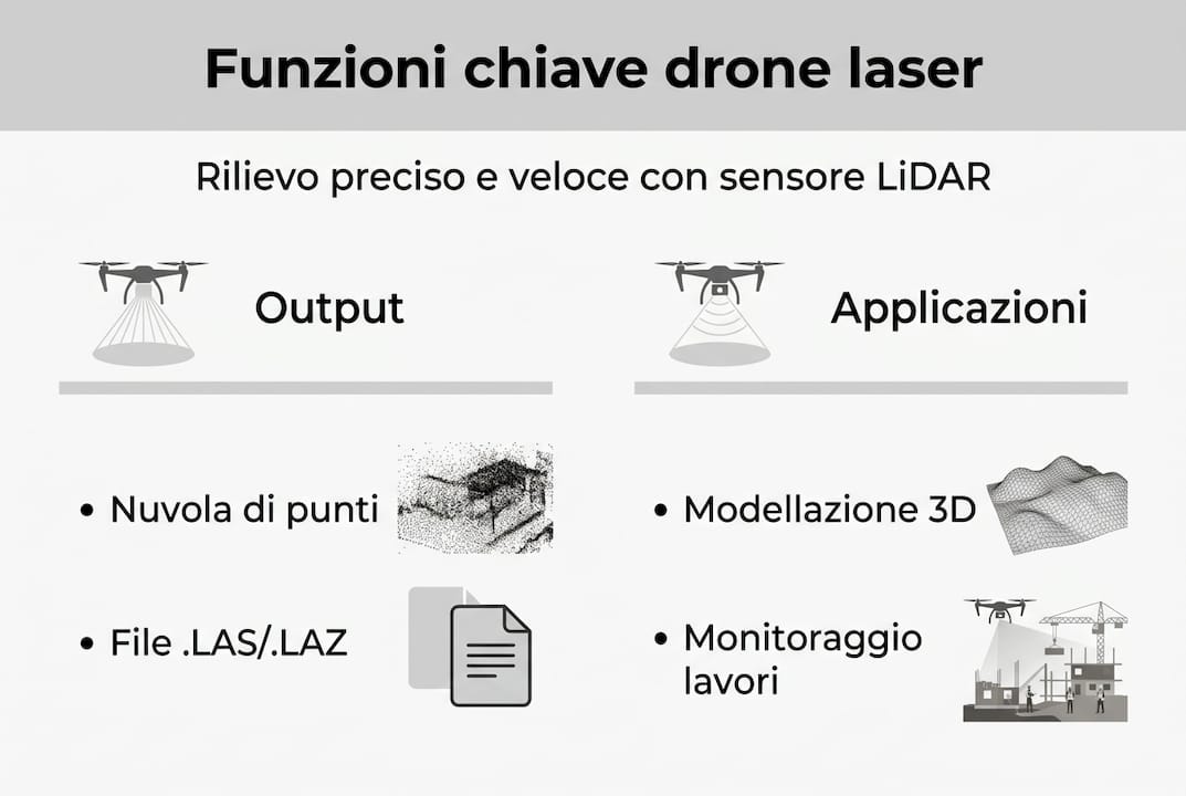 Scopri come la tecnologia laser si integra con i droni: una panoramica sulle principali funzionalità e sugli utilizzi innovativi attraverso un'infografica dettagliata.