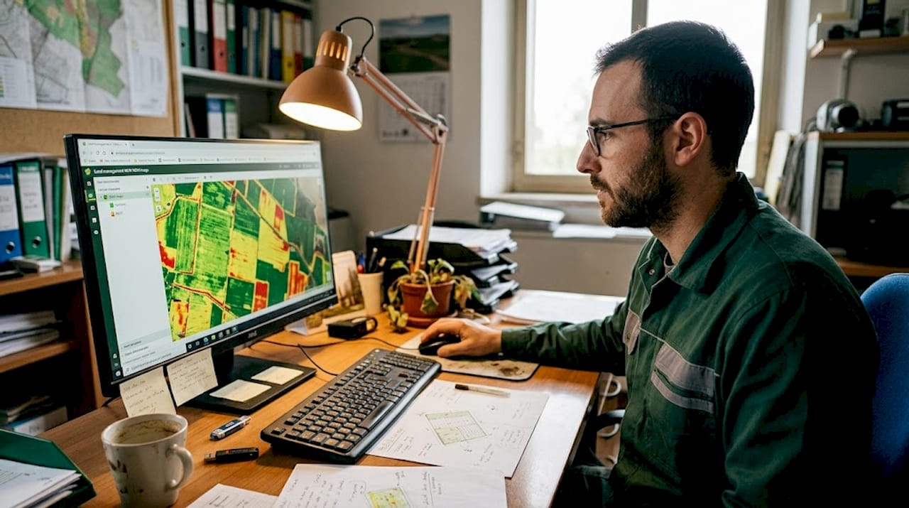 Un tecnico esamina sul computer una mappa NDVI per valutare lo stato della vegetazione.