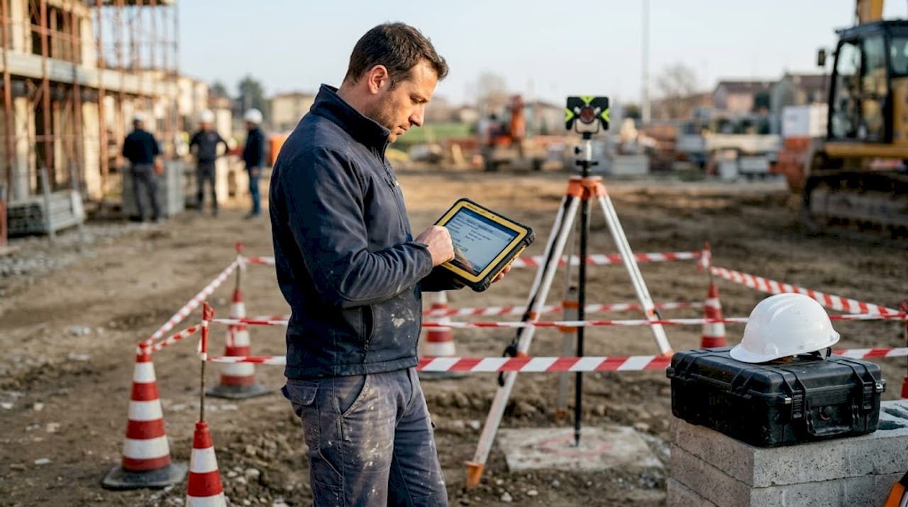 Il tecnico esegue il controllo dei rilievi in cantiere direttamente dal tablet.