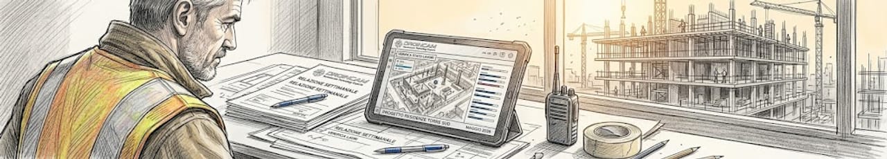 Il responsabile di cantiere utilizza il tablet per tenere sotto controllo l’avanzamento dei lavori.