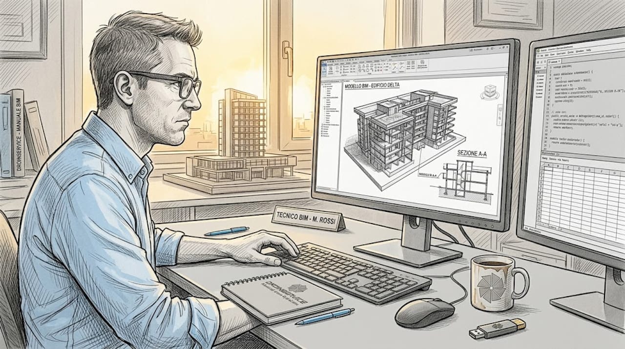 Un tecnico esamina i dati raccolti dai droni direttamente dalla sua postazione in ufficio.