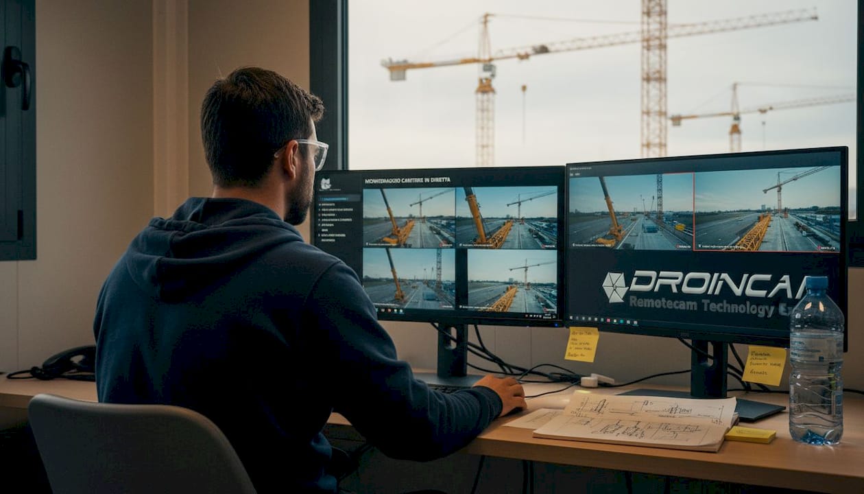 Tecnico che supervisiona i monitor con le immagini in tempo reale dal cantiere