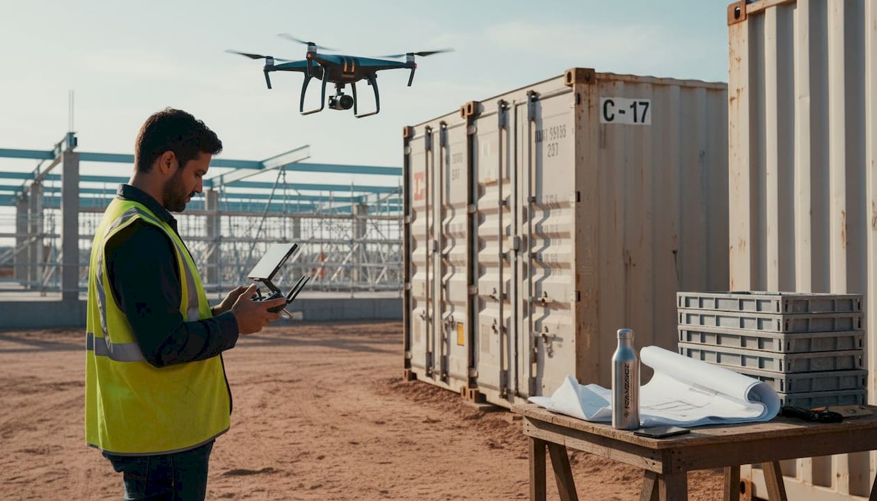 Un tecnico monitora il cantiere dall’alto utilizzando un drone per garantire la sicurezza.