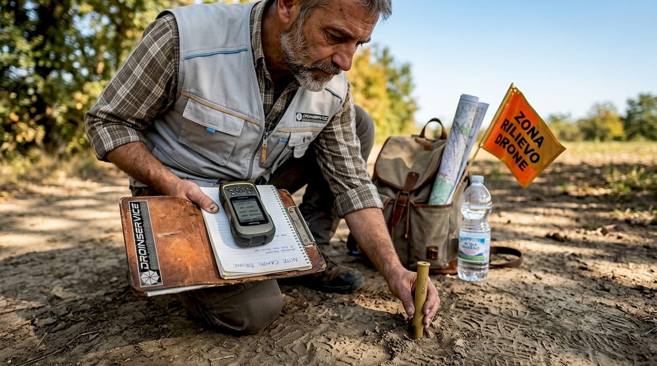 Tecnico topografo al lavoro mentre posiziona un punto di controllo a terra utilizzando un ricevitore GNSS.