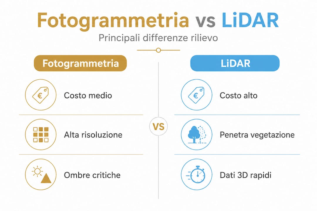 Infografica: differenze e vantaggi tra fotogrammetria e tecnologia LiDAR