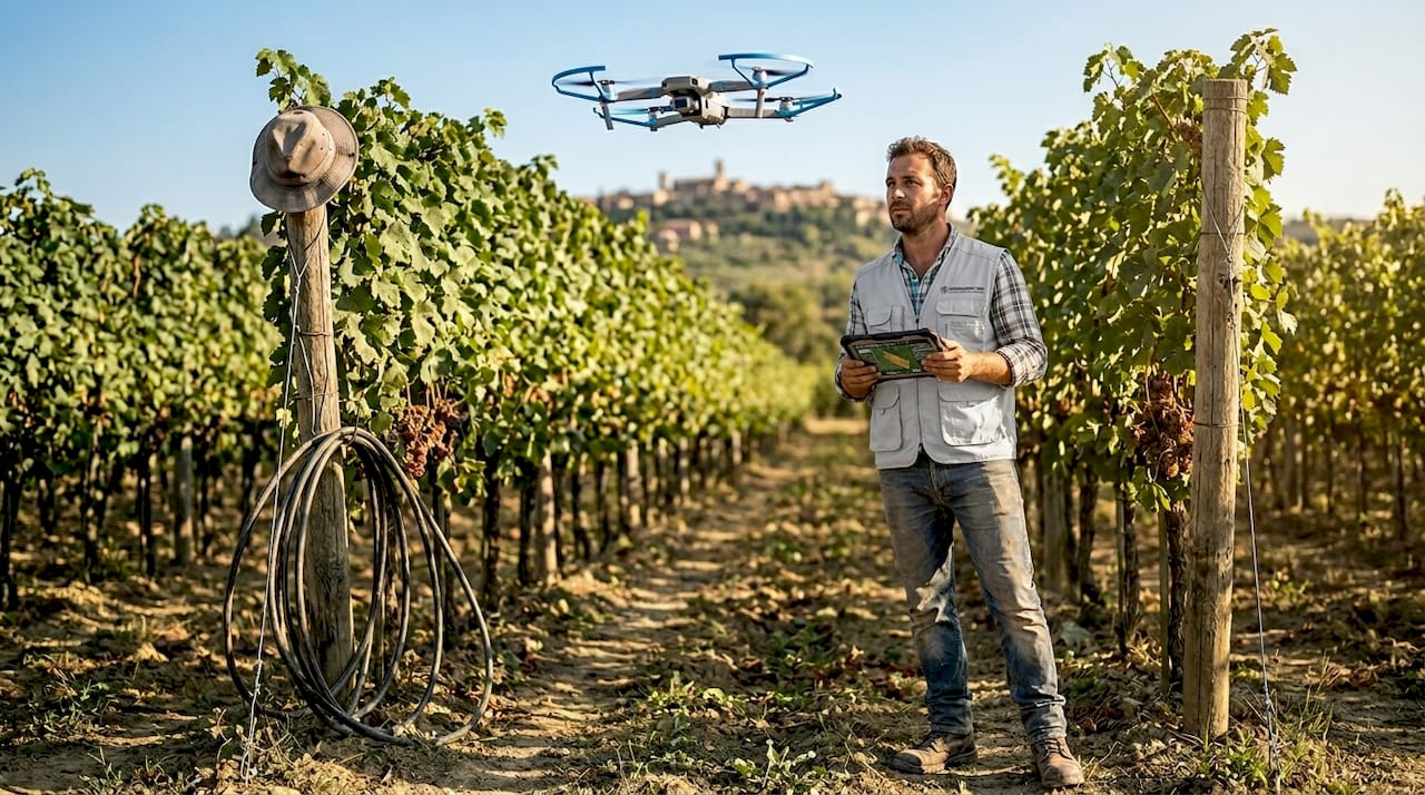 Agronomo che controlla il volo di un drone tra i filari della vigna