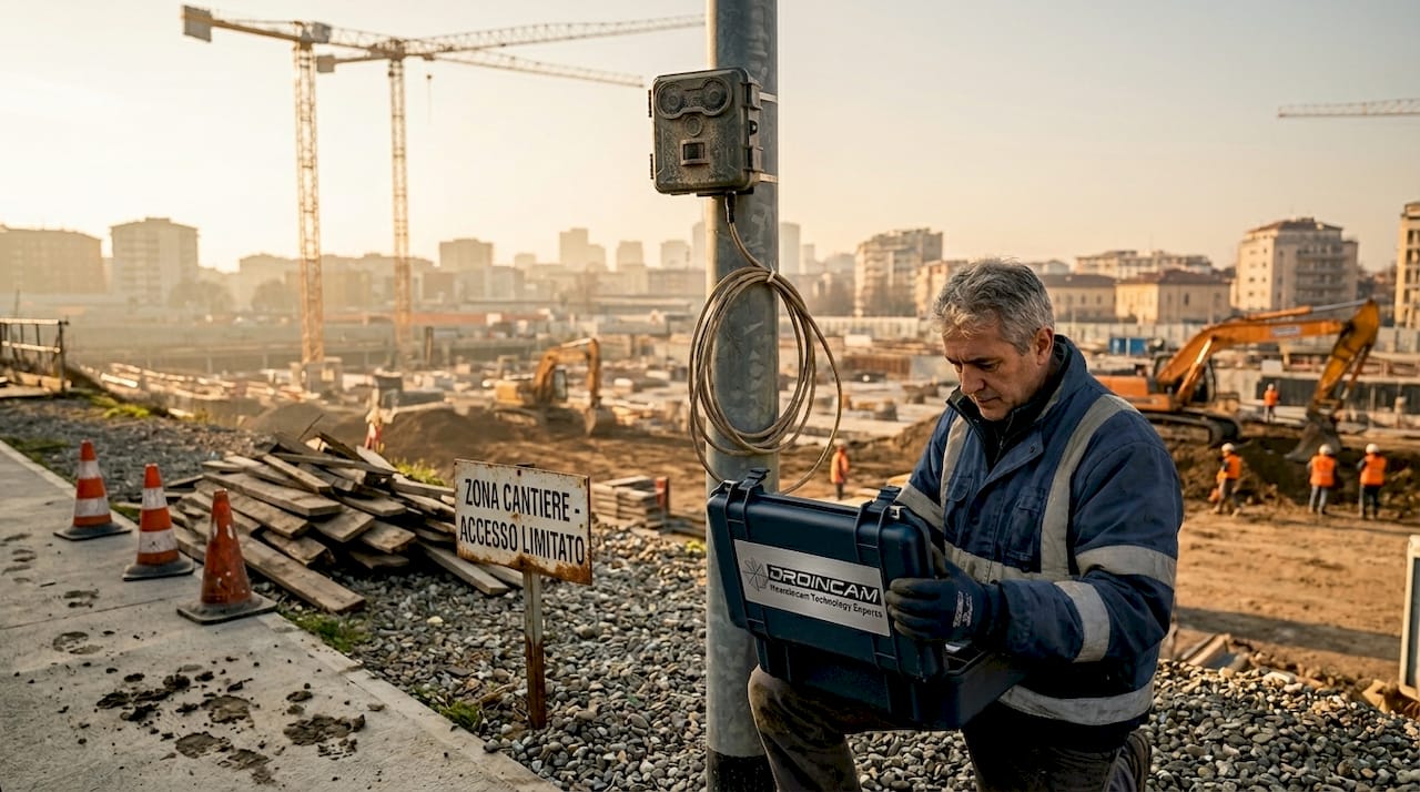 Tecnico impegnato nella manutenzione di una videocamera per timelapse installata in modo fisso