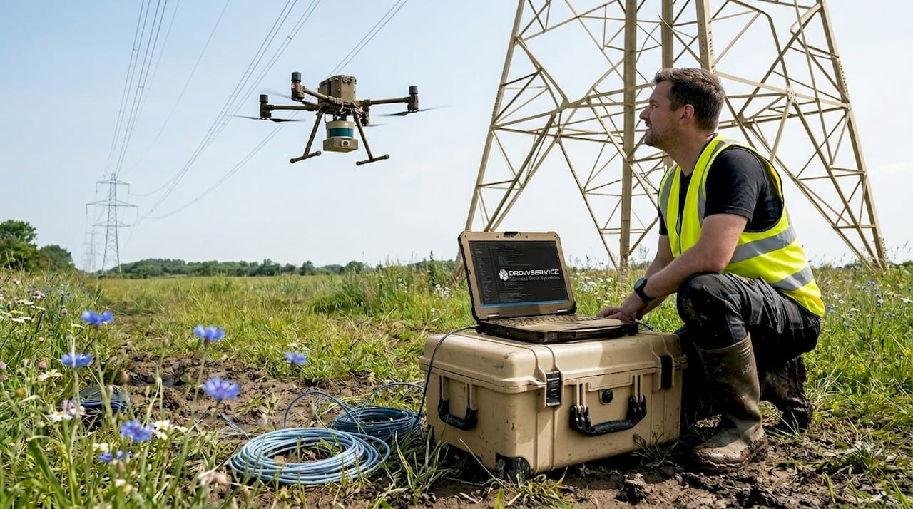 Un drone sorvola i cavi dell’alta tensione per effettuare un’ispezione LiDAR.