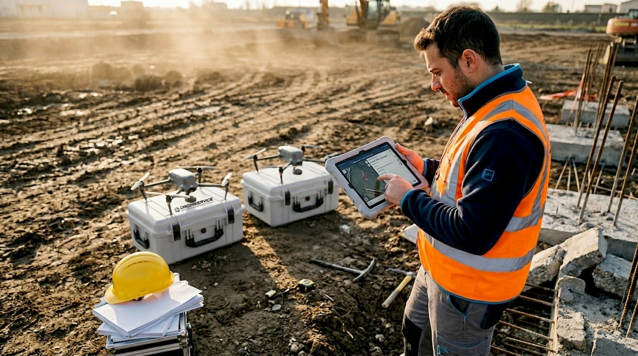Tecnico in cantiere che analizza i dati raccolti dal drone per monitorare lo stato dei lavori