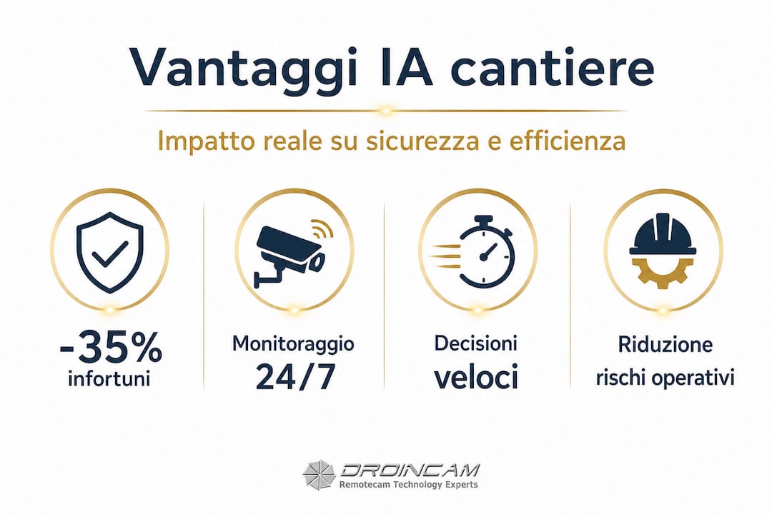 Infografica con dati percentuali e principali vantaggi dell’intelligenza artificiale applicata al settore delle costruzioni